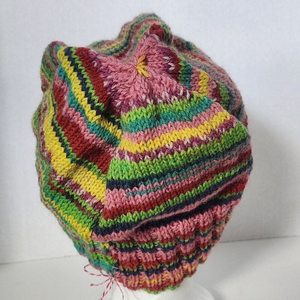 Hand Knit Pink & Green Wool Tuque